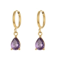 18K gold plated stainless steel hoop earrings with hanging purple teardrop zircon gems - Purple