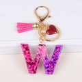 Pink gradient resin letter W keychain with heart charm and magenta tassel pendant - Letter W