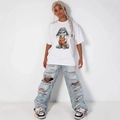 Λευκό βαμβακερό t-shirt με 3D τύπωμα κουνελιού και γαλάζιο τζιν με σκισίματα - S / Λευκό