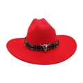 Classic red wool felt western cowboy hat featuring an ethnic woven band and silver bull skull - Red