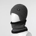 Winter thermal knit hat and neck warmer set for men in dark gray with fleece lining - Hat + Neck Warmer / Grey Set