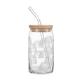 Can-shaped glass with white rainbow print, bamboo lid and a curved glass straw - Rainbow