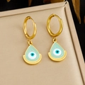 Golden evil eye hoop earrings with blue enamel water drop pendants on beige jewelry stand - Evil Eye Teardrop Style (E6282)