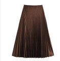 Close-up of deep brown pleated midi skirt featuring fine satin accordion folds and elegant drape - XS / Dark Brown