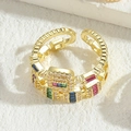 Adjustable golden double-layer ring with vibrant multi-colored rectangular zircons - Square Double Layer Ring - Gold Color