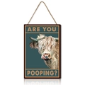 Rustic Highland Cow wooden bathroom sign with Are You Pooping quote and floral crown - Retro Cyan Background with White Wreath (Y24Y50426_Q)