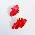 Chic red enamel flower petal earrings with a golden bead center in minimalist style - Red