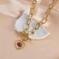 French vintage 14K gold plated necklace with heart pendant and purple stone inlay - Heart Ruby-OT Buckle Chain (YCN1921)