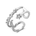 Bague ouverte argentée multicouche avec étoiles et lune sertie pour femme - Style Lune Étoile Creux Double Couche (A-699)