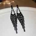 Elegant vintage black flower earrings with long layered rhinestone tassel drop design - 46# Silver Needle - Gun Black - Water Droplet.