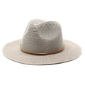 Close-up detail of the fine woven texture and brown leather band on the straw fedora hat - M (56-58cm) / Gray