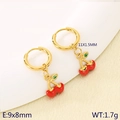 Golden cherry fruit drop earrings with red enamel and green leaves on gold hoops - Enamel Small Red Cherry Gold Hoops (KE119993-GC)