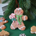 Gingerbread man ornament with striped scarf and candy cane for Christmas tree decor - Green Scarf Lollipop (Height 11cm)