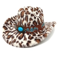 Leopard print cowboy hat with turquoise stone and blue floral embroidery accents - M (56-58cm) / Flat Top Beige