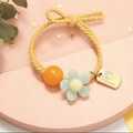 Yellow braided bow hair tie with blue flower charm and metal tag for pony tail - Blue Custom ID Flower