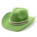 Detailansicht grüner Stroh-Cowboyhut mit kariertem Band und Fransenverzierung - M (56-58cm) / Grasgrün