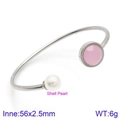 Titanium steel open bangle with pink crystal, white shell pearl, and silver finish - Silver Pink Gemstone Style (KB123050-K)