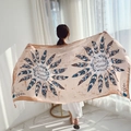 Ethnic style beige beach scarf with blue and brown feather prints for women - Blue-Beige Base Blue Brown Feather / 180cm