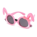 Detail of pink bunny-shaped sunglasses with a bow and round dark gray lenses for kids - Pink Rabbit Sunglasses
