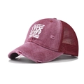 Close-up of distressed STUFF baseball cap featuring breathable mesh and washed fabric - Adjustable / Burgundy