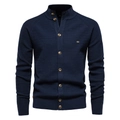 Detailed view of navy blue waffle knit texture and buttons on men cardigan sweater - Navy Blue