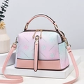 Pink and blue gradient leather Boston bag with floral print and long shoulder strap - Pink