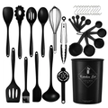 Comprehensive black silicone and stainless steel kitchen utensil set with storage bucket - 32-Piece Set / Black