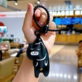 Cute black leather cartoon cat keychain with white embroidery and spiral wrist strap - Black Charm-Little Flower Dog