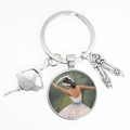 Silver ballet dancer keychain with glass cabochon featuring oil painting art pendant - Style 7
