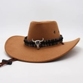 Chapeau de cowboy western marron en feutre avec ruban tribal et boucle tête de taureau - M(56-58cm) / Kaki