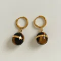 Vintage gold hoop earrings with brown tiger eye stone spheres for a retro luxury look - Gold Style (KDE590)