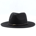 Detail of black straw fedora showing fine weave texture and bronze bull logo on brown band - Black