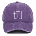 Vintage purple washed cotton baseball cap with white triple cross embroidery and visor - Purple