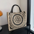 Linen tote bag with black mandala geometric print and sturdy black handles - Round Pattern Linen Pocket / Black