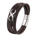 Deep brown braided leather infinity bracelet with polished magnetic stainless steel clasp - 20.5CM / Silver Brown