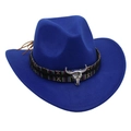 Detail of royal blue cowboy hat featuring ethnic pattern band and silver bull head icon - 52-54cm / Blue
