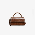 Classic brown retro leather crossbody handbag with gold hardware and top handle for women - Dark Brown