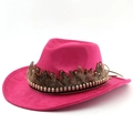 Detail of rose red suede cowboy hat with brown feathers and golden skull metal chain - M (56-58cm) / Rose Red
