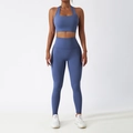 Blue yoga set featuring halter neck sports bra and high waisted leggings for fitness - S / 6116 Bra + 6116 Leggings / Blue