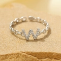Silver letter W chain ring with white zirconia stones and adjustable open band design - Silver-Letter W