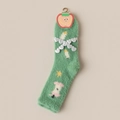 Green mink fleece winter sock featuring yellow star patterns and a silver heart chain detail - One Size / Green