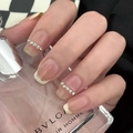 French style press-on nails with nude base, white tips, and gold line rhinestone accents - HY274 French Gold Line Rhinestone
