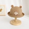 Kinder Strohhut in Braun mit Bären-Stickerei und 3D-Ohren auf einem Holzständer - 48-52cm / Sonnenschutz-Strohhut / Khaki