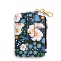 Navy floral leather card holder with daisy print, zipper pocket and gold metal hook - Dark Blue