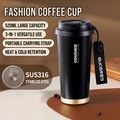 Schwarzer 520ml Edelstahl Kaffeebecher mit Trageschlaufe und modernem Schriftzug - Schwarze Buchstaben (316 Edelstahl Boden)