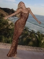 Elegant leopard print cowl neck maxi dress with slim fit and tropical beach backdrop - S / Coffee Leopard