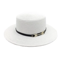 Chapeau canotier en paille à bord large avec ruban noir et boucle dorée - Blanc pur