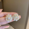 Elegant white floral stud earrings featuring a lustrous pearl center and gold accents - 14# Silver Post - White (Cluster Flower)