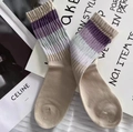 Women's cotton crew socks with brown striped ribbed cuffs in a trendy casual style - One Size / Milk Tea Polyester Cotton