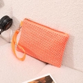 Orange handmade woven straw clutch beach wristlet with textured pattern and metal zipper - Orange